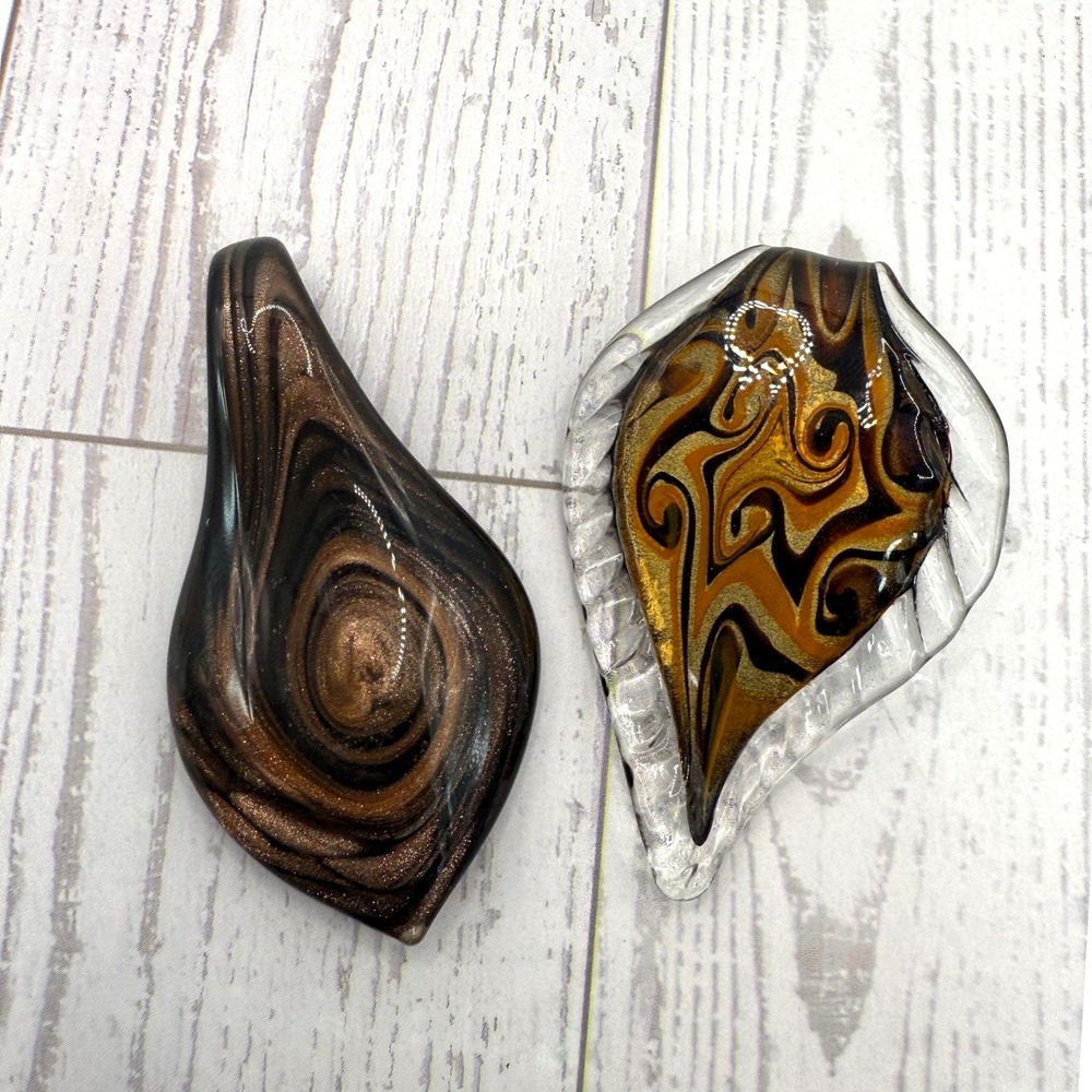 Art Glass Pendant Lot 2pc Brown Gold Swirl Abstract Murano Style Statement